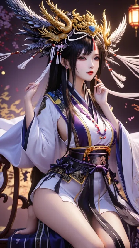 ( perfect detail : 1.5, 8K Wallpaper, masterpiece,  is of the best quality,  super detailed) A woman, Empress, Delicate facial features, Black Hair, Fine Hair, Tie hair, Golden Embroidered Dragon Robe , Hanfu, Sitting on the Dragon Chair, Hands on head, 宫殿...