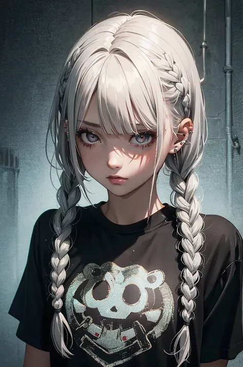  (oil painting,gritty style,dark colors,contrasting lights and shadows) (girl,gore,spooky,) BREAK (detailed depiction,piercings, Her short Twin-Braids hair, silver hair, short hair, and one eye covered by left-facing bangs,,gummy bear t-shirt) BREAK ,neon ...