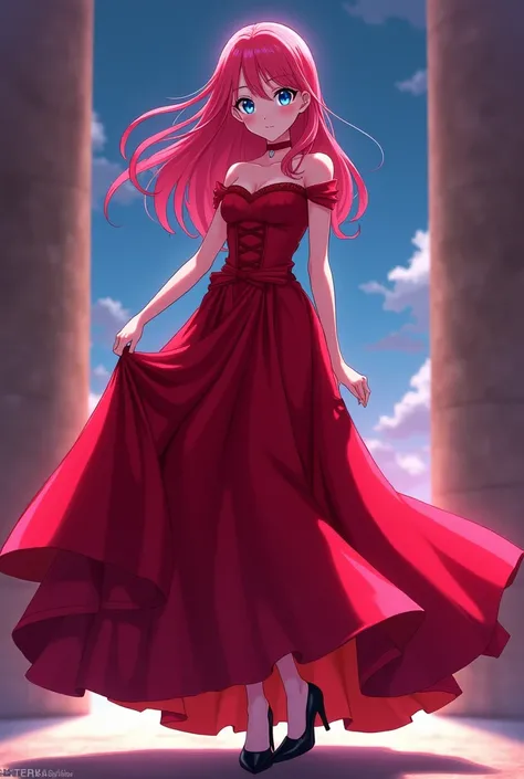  anime girl from My Hero Academia (anime)  with raspberry-pink red hair and blue eyes wearing a red ball gown with black medium high heels 
