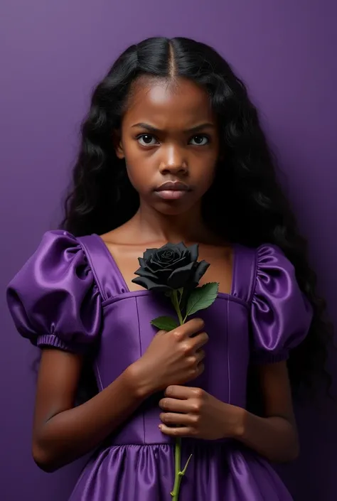 Realastic 4k purple wall african girl wearing royle dress long hair angry look right hand black rose close up image