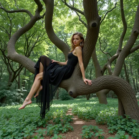 high quality photo of nice european young woman sitting on a tree branch in a forest, sitting in a tree, sitting on a tree, in a tree, on a tree, sitting on a curly branch, climbing a tree, swing on a tree, on a branch, swinging on a vine over a chasm, bar...