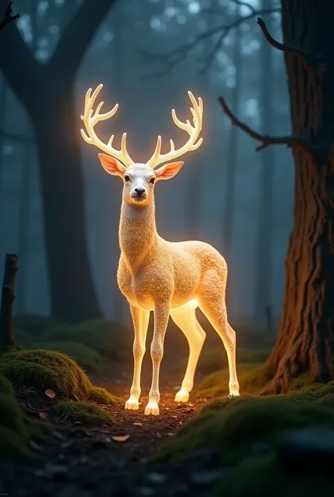 A photorealistic image of a glowing deer standing gracefully in a dark, misty forest. Its golden and white light radiates softly, illuminating the surrounding mossy ground and nearby twisted trees. Its ethereal antlers sparkle like crystalline structures, ...