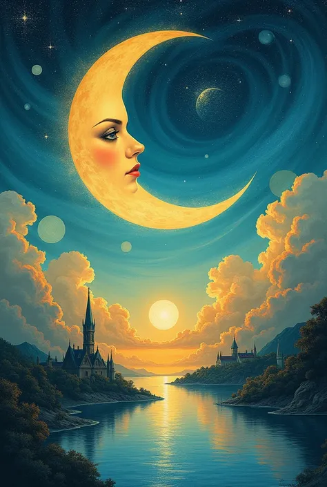 Within a celestial canvas, a majestic crescent moon with an enigmatic female face radiates serene beauty. The moons gentle glow illuminates a fairy-tale fantastical fairylike cityscape below, its vibrant hues reflected in the glimmering water. Swirling clo...