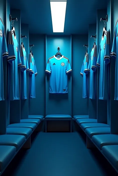 Keep  a football dressing room  pic Where many sky blue jerseys are hung and are placed in front The room is round and dimly light