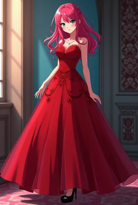 Oc girl from Boku no Hero Academia(The anime)  with raspberry-pink red hair and blue eyes wearing a red ball gown with black medium high heels 
