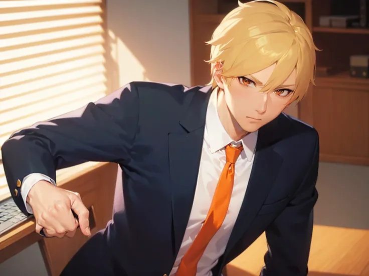 Japanese manga style,upper body,shiny skin,masterpiece, best quality,break (32-year-old male:1.5) and (Blonde short hair) and ( orange eyes ), ( wearing a suit :1.3) and ( orange tie) break,(flustered:1.2),The background is the office room,Computer,desk,Co...