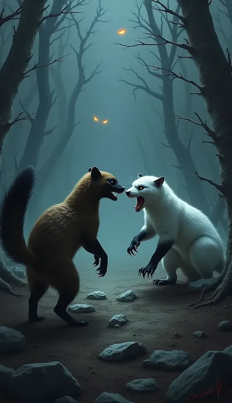 "An intense standoff between a civet and an ermine, both in an aggressive, defensive posture. The civet stands with its body arched, fur raised, and teeth bared, its long tail swishing in agitation. The ermine, in its sleek winter white coat, is crouched l...