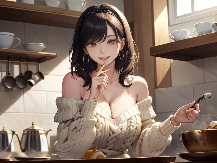  masterpiece, 1girl, Amazing Cleavage:1.3, thin waist, big ass, Raised sexy, medium breast:1.3,posed cleavage:1.2,solo, looking at viewer, open mouth, have a cup of coffee,black hair, red eyes, dress, bare shoulders, jewelry, collarbone, sidelocks, hairban...