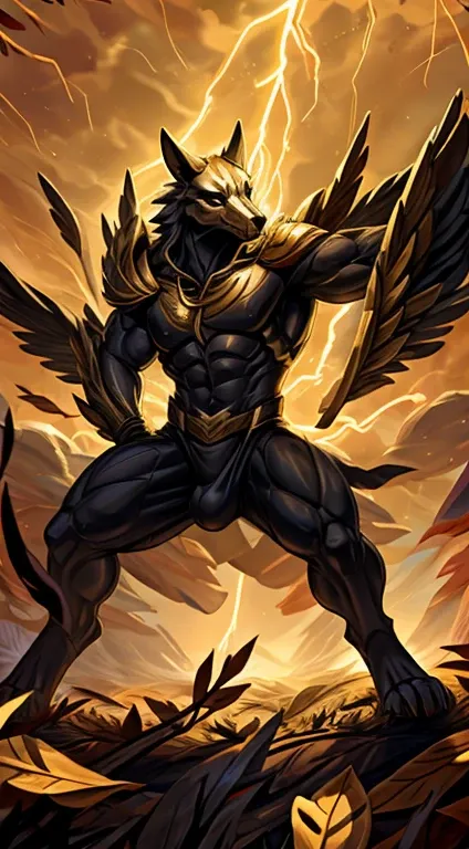 high quality, masterpiece, best detail, full body, front view, furry male black wolf in black armor with golden feathers and leaves, hands shrouded in golden light, in a fighting stance, surrounded by a thousand lightning bolts