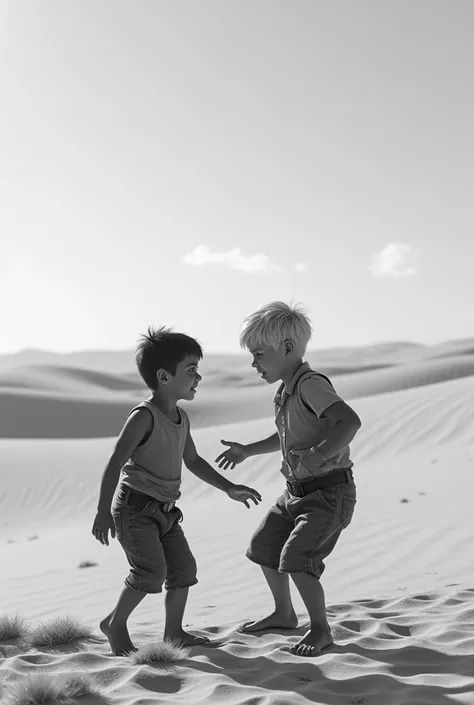 The poor boy in the desert and the blond boy The ren start playing  .  black and white  