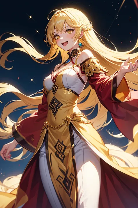  girl,   flowing golden blond hair ,  yellow eyes, Golden Imperial Costume, Neckline, Anime, Background、Its a clear sky with twinkling lights,  dynamic angle, Derisive laughter