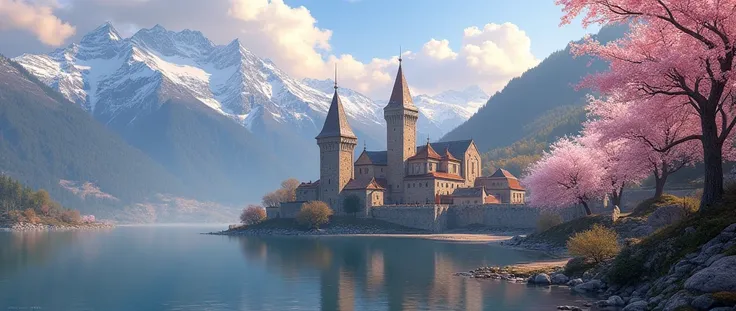 a scenic art of a medieval town with a castle, temple, towers,  sitting on the bank of a lake, behind it there isa snowy mountain, along the bank there are blossoming cherry trees, it is dawn and the sun is rising