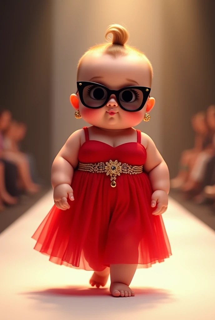 "A  overweight baby confidently walking down a runway, dressed in a vibrant red gown with gold embellishments at the waist. The baby is wearing stylish sunglasses and small earrings, exuding an adorable yet bold attitude. The background is softly blurred, ...