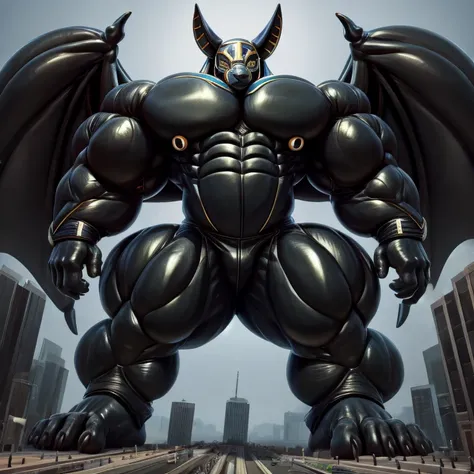 - masterpiece. official art. 8k. best quality. detailed full body. full body.
- black latex muscle suit. Extra latex Muscle Suit.
- He is wearing a black Anubis mask.
- large muscles,  big muscle, huge muscles,  massive muscles, 
 glistening muscles,
- hug...