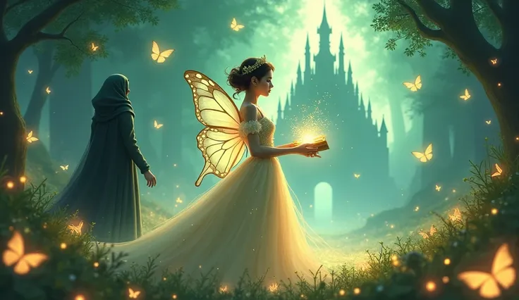 The Butterfly Princess in her pastel gown, surrounded by glowing butterflies.
In the background, a mystical castle shrouded in green light.
A glowing magic book in the princesss hands with golden sparkles.
The Sorceress standing on one side, her dark cloak...