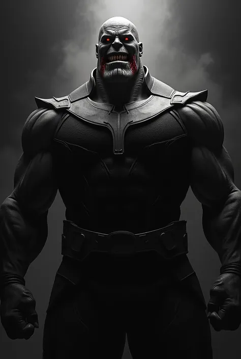 Create an image of Thanos in the shadows with slightly red eyes and blood smiling in black and white colors