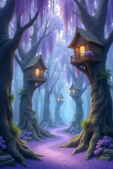  A kingdom of treehouses in a white forest of blue wisteria trees