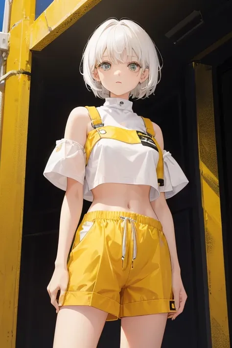 A girl with short white hair wearing a yellow croptop and a black under shirt and yellow shorts