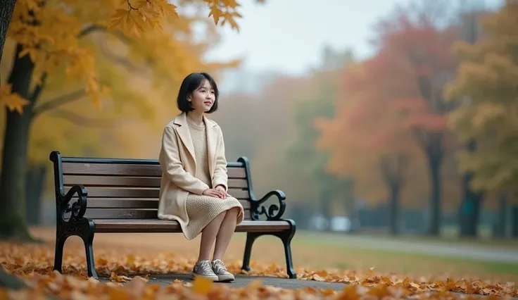 Round eyes , Smile, short medium length hair,  Autumn maple leaves are clear and beautiful . Im wearing a short midi length luxury cardigan over a luxury sweater. Medium-length hair touching the edge  . Full body Sbien  ,  A background where you can sit on...