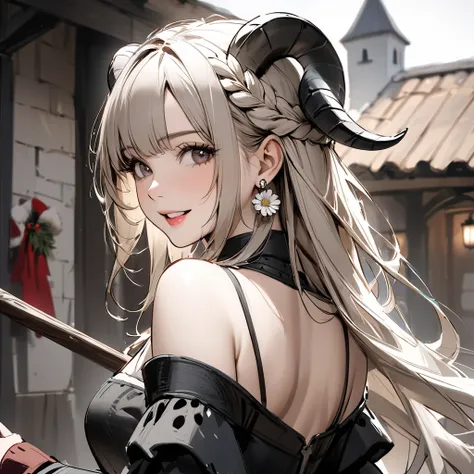 ( best quality, sketch:1.2),Realistic, 1 girl, , masterpiece, Noir Dark, art, Im wearing a zinnia flower holder and earrings、The sheep has horns、 is laughing、 upper body、Medieval female knight outfit、Shoulders stick out、A little sexy、Looking back from behi...