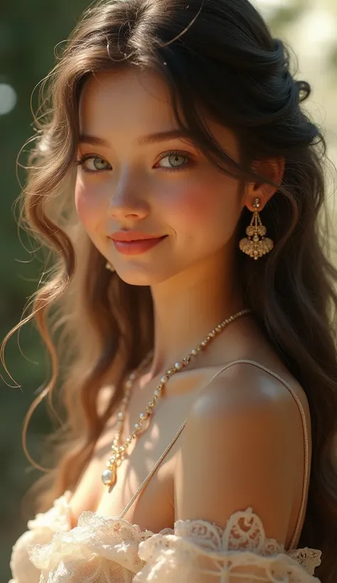 long hair, Earring, blue eyes, Smile, jewelry,  1 Girl , Vintage Hansel , with shiny hair, Curl , 3D Rendering,  Shine Effect , Lips slightly open, 