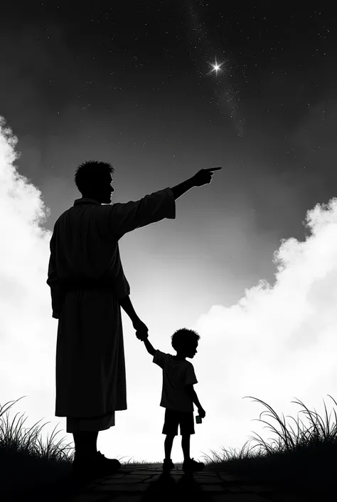 Silhouette of a man holding a small  by the hand  ( the man points in the sky to a fleeting star and the boy carries a game in his hand.  The image is black and white )