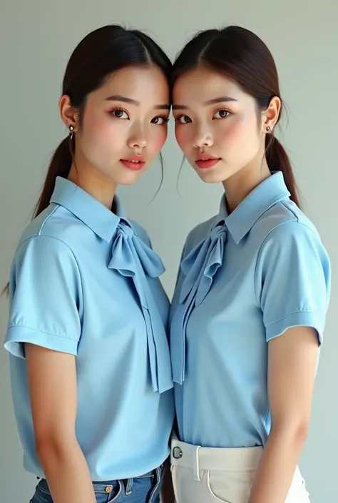 Women wearing light blue polo t shirt with bow tie 
