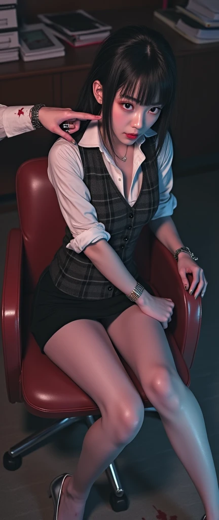 ((Horror depictions:1.9, 32K:1.8, Photographically:1.8,  best quality, masterpiece,  ultra high resolution)),   High Resolution Skin and Face Textures ,  professional low angle camera work,  cinematic lighting , ( A thin and tall Japanese woman :1.0,  sexy...