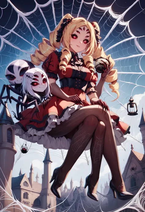 Spider girl. Lady. Twin drill hair. Blonde hair. Red eyes. Horror eyes. Black and red dress. Frills. Dark fantasy. Multiple arms. Sharp claws. Spider web tattoo on face. Rib-style armor. Carries a lantern in hand. Spider web dress. Insect legs. Spider-them...