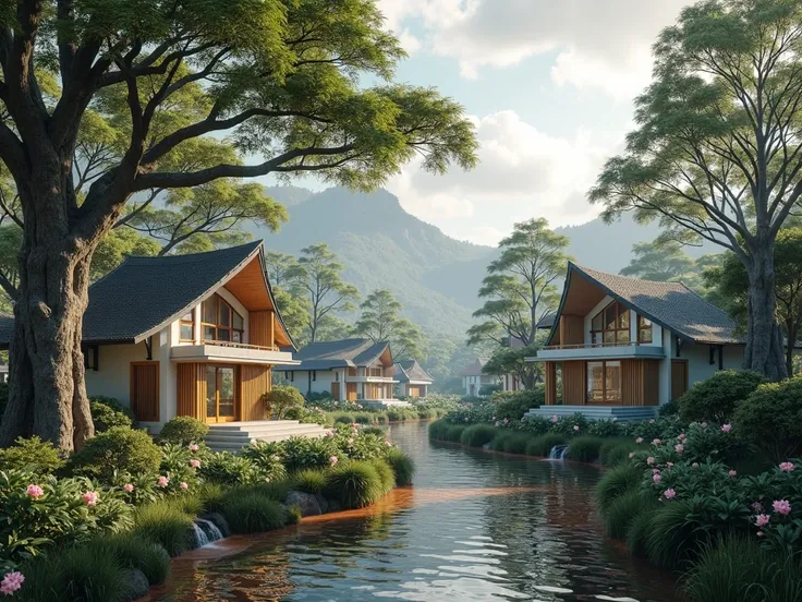 Residential homes in the great forests of the world

Its like really Thai.
Big tree, pale pink flowers, white, black, white, fresh red, 3RD แม่น้ำแควใหญ่
โบราณ
เขาบุญ