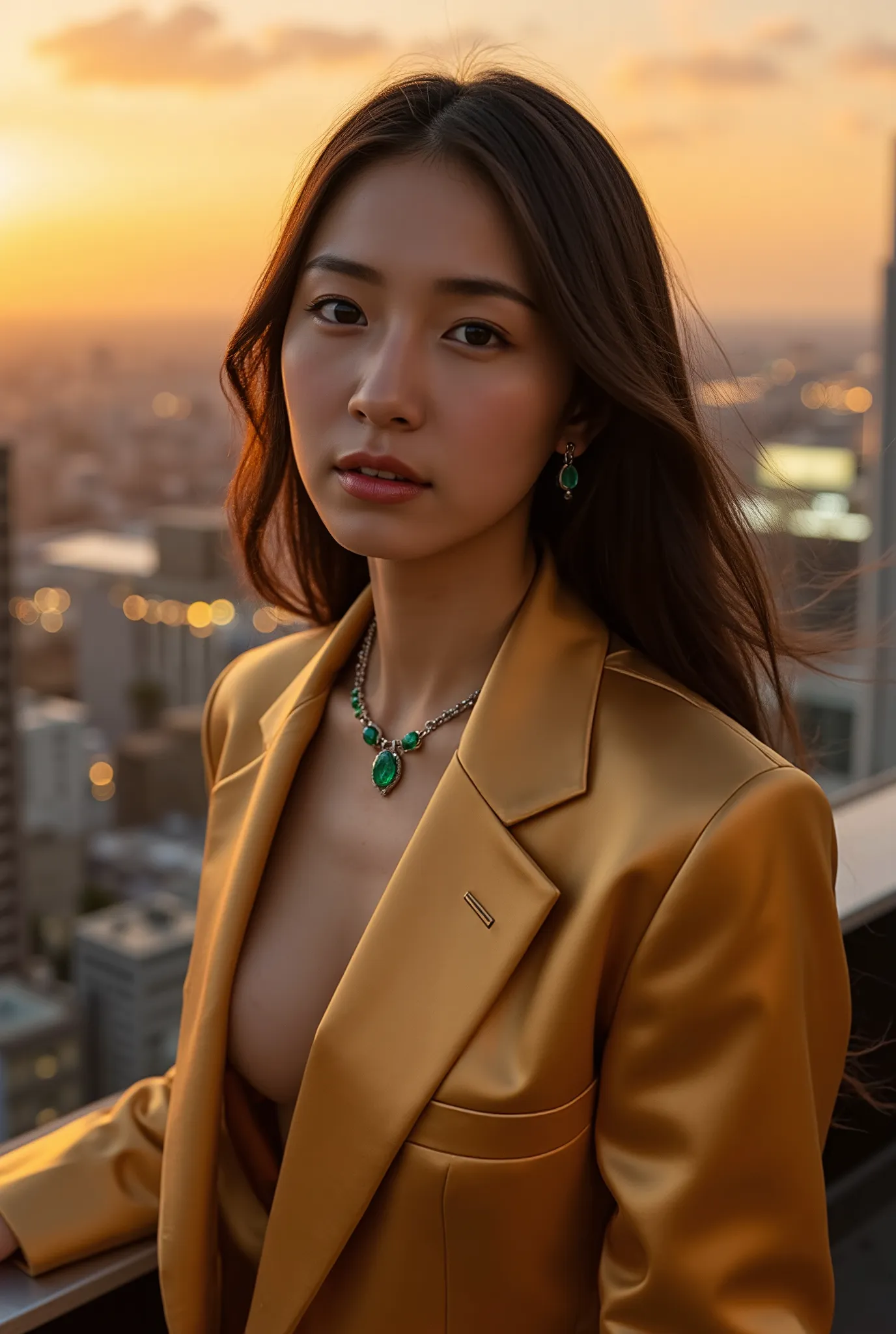 a high-fashion photoshoot on a skyscraper rooftop overlooking a breathtaking city skyline at dusk. the asian girl model wears a ...