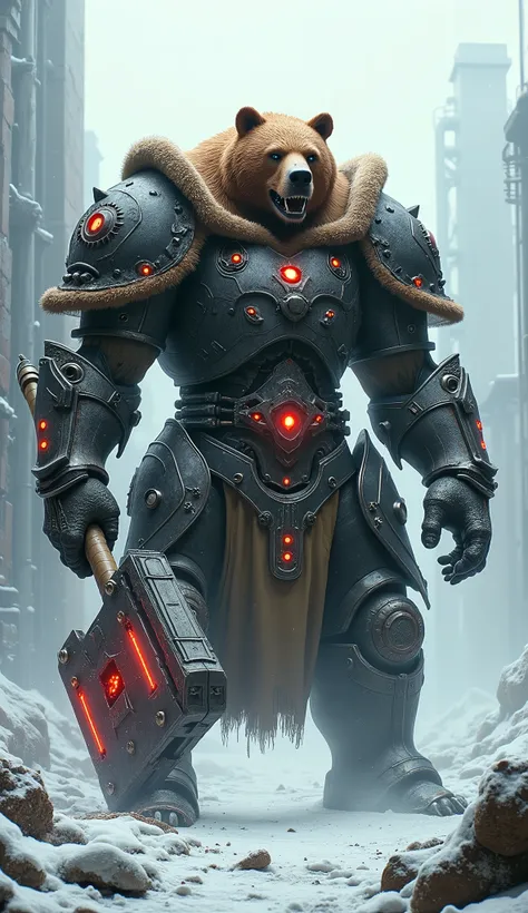 64k, ultra realistic, ultra detailed, realism, A massive muscular knight with Eurasian Brown Bear head wearing heavy fur-textured steel armor with glowing red accents. The bear head features cybernetic enhancements and sharp fangs. Wields a giant plasma ha...