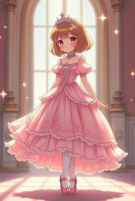 Anime Young girl with royal princess dress,ball hown, chocker necklace, tiara, puff sleeves, white pantyhose, pink pointe shoes, noble background, detailed