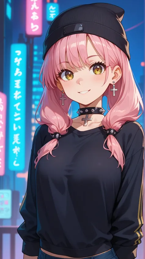 straight to viewer A cheerful anime girl with long, pastel pink hair styled in twin tails, accessorized with a small black beanie and delicate cross earrings. add light on face to highlight. She’s wearing a cropped black sweater with metallic buttons and a...