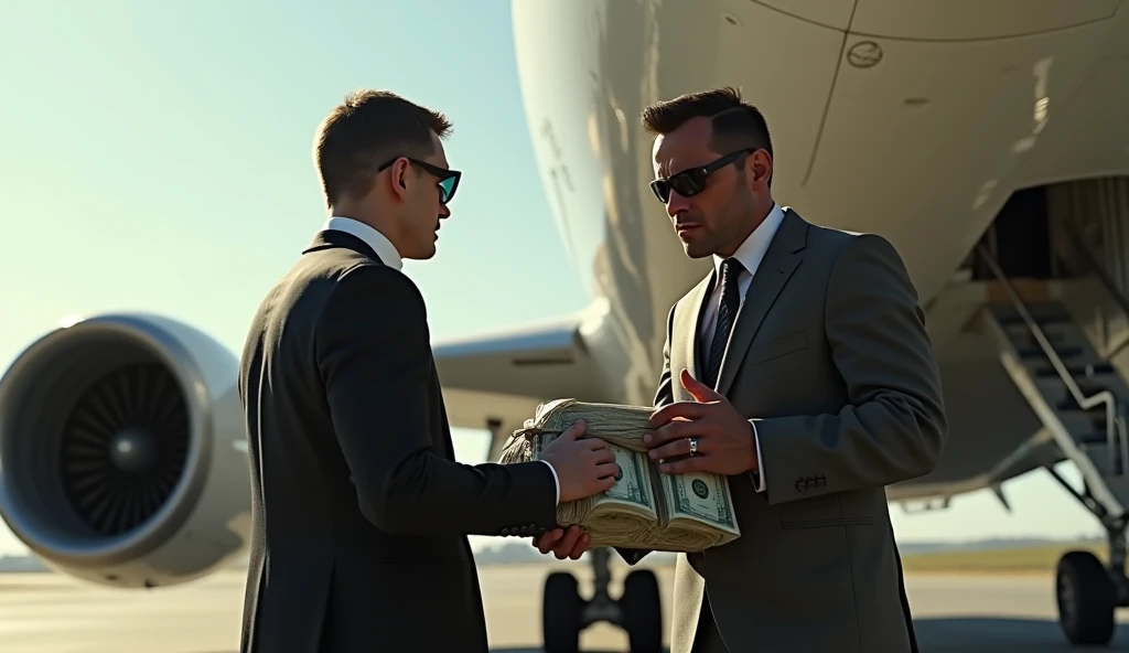 (photorealism:1.2), "A man in sunglasses receiving a bag of cash and four parachutes from an airline staff member at the plane door."