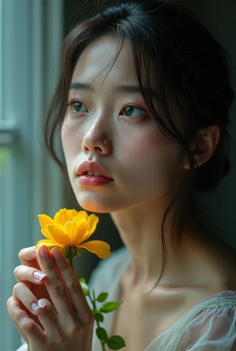 Masterpiece, a beautiful Asian female model, about 26-30 years old, beautiful blue eyes. A melancholic yet hopeful portrayal of a model gazing into the distance, her face streaked with glistening rain that mirrors her tears, as she holds a blooming flower,...