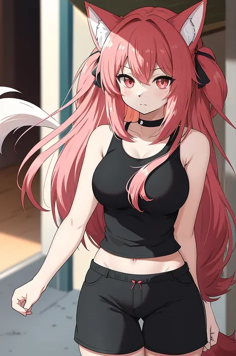  Anime Fantasy Kemono Style ,  Wolf with Beautiful Manes , Dark red fur, Wolf Ears with Black Fur , white bellyアワーグラスボディ,  Wears a pink tank top and black shorts,  Long Red Tails with Black Tips 