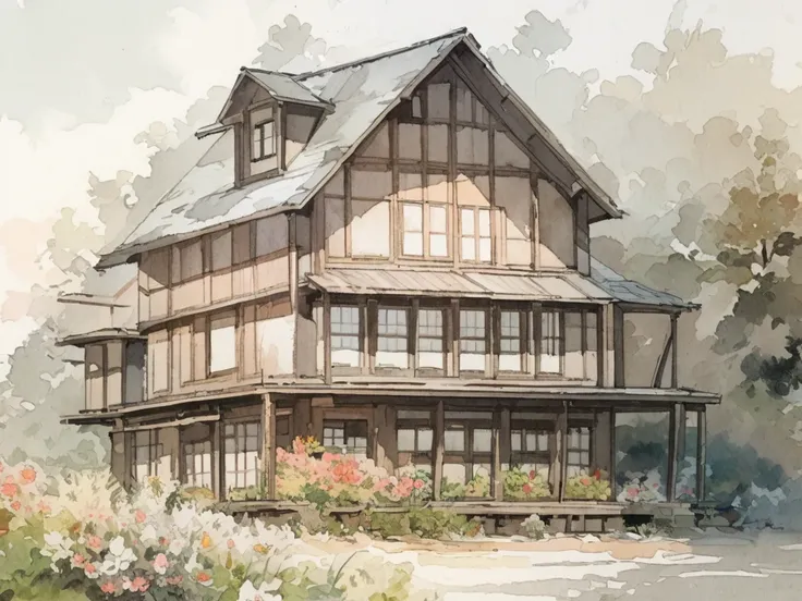  two-story wooden house, Old , Long Lined,  see the whole house, , There are flowers., Watercolor Painting,  Pale color.