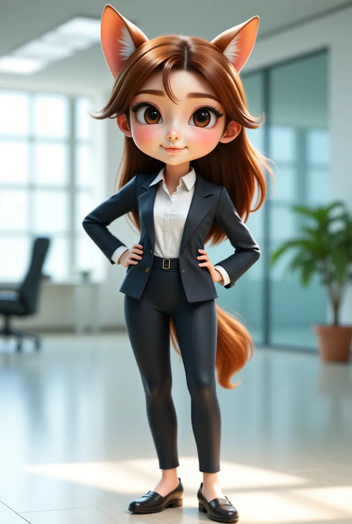 a cute cartoon character in professional outfit, standing full body shot, highly detailed, 4k, 8k, photorealistic, masterpiece, vibrant colors, dynamic lighting, soft ambient lighting, clean professional look, stylized, dynamic pose, confident expression, detailed facial features, big expressive eyes, detailed hair, sharp focus, seamless blending, studio quality