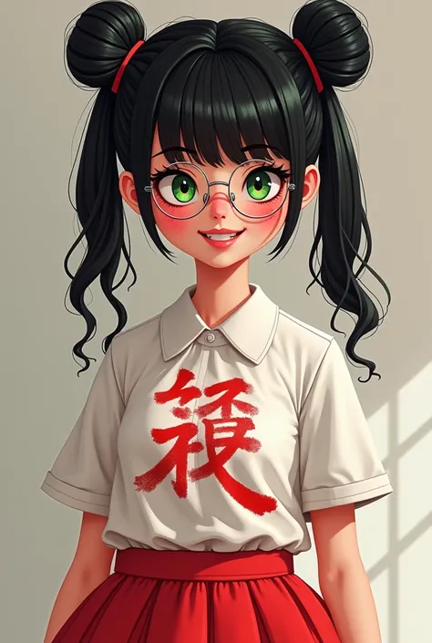   A woman with black hair tied in two buns on top, Green eyes,   A white shirt with a red print and a red skirt .  wearing glasses and a cheeky smile  . Short ponytail
Extensions Black  