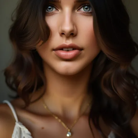 Highly detailed artistic high-resolution photographic portrait of a beautiful young brown woman with wavy hair, with clear eyes, with long thick eyelashes, with plump moist lips, with erotic cunning alluring look and happy expression, natural soft lighting...