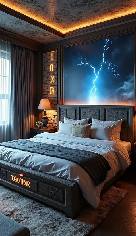 "A Thor-themed bedroom featuring a bed designed to look like Mjölnir, Thor’s hammer. The bed’s headboard and frame resemble the hammers textured handle and blocky head, with glowing runes and lightning effects. The room has a Nordic-inspired design with st...