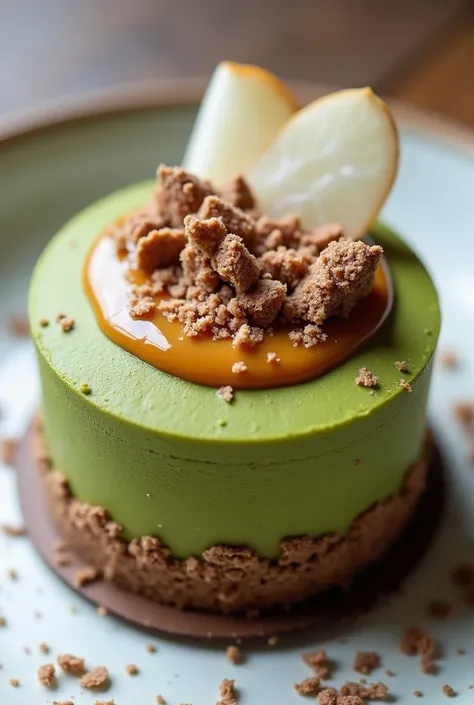  Generate a round cake made of matcha with a medium thick layer of brown mousse , with salted caramel sauce on top  ,  with grated coconut on top and chocolate powder on top too .  that looks like a sketch 