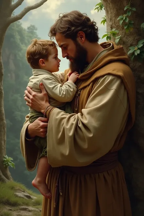 Can you please make me an image of Saint Francis with the boy in his arms contemplating him