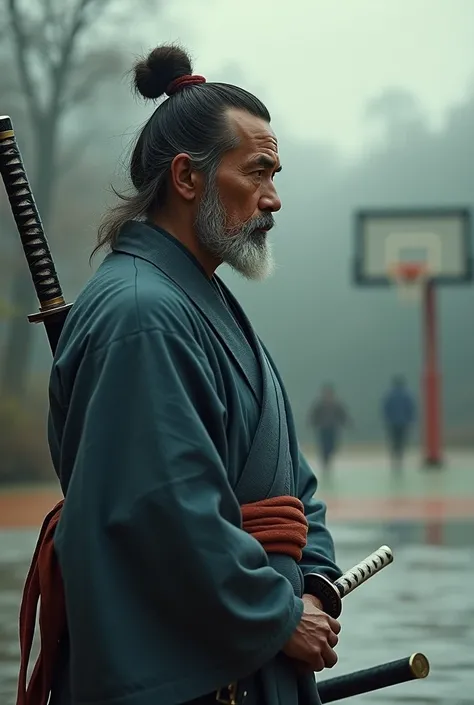 Image of a samurai warror in his robes woth 2 katanas u sheated thinking about basketball.  Background should be faded shpwing his basketball thoughts