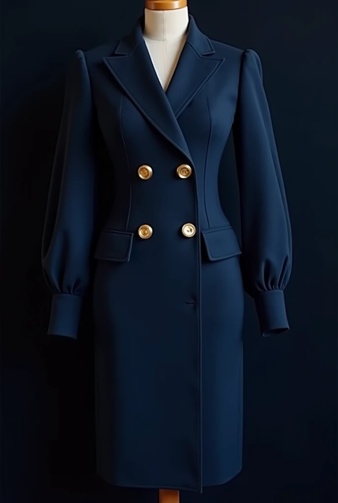 Midnight Blue: A structured blazer dress with gold buttons and balloon sleeves.

