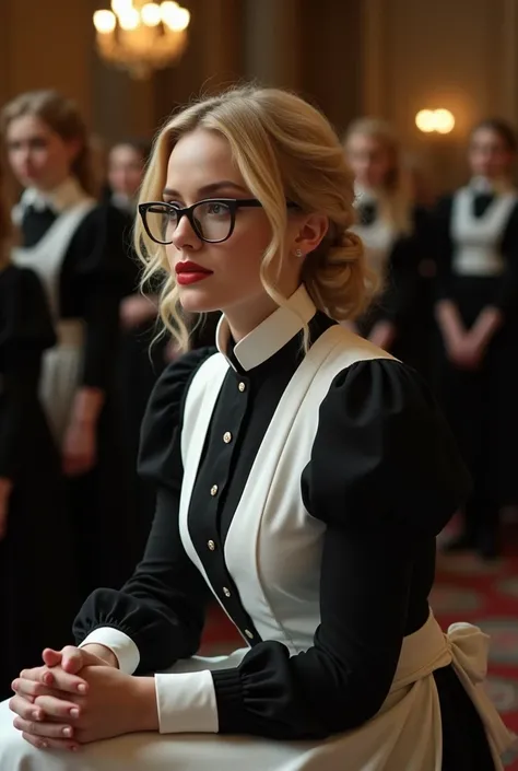 Jennifer Lawrence wearing black and white shirt as servant girl uniform with a tight collar and puffy sleeves and wearing glasses while kneeling with her hands fold in her lap, theres a lot of girl behind her standing wearing classy dress