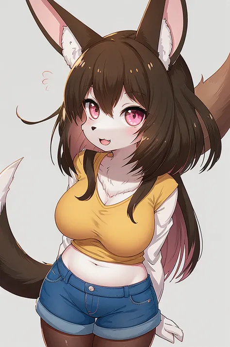  score_9,  score_8_up,  score_7_up,  score_6_up,  score_5_up,  score_4_up, sauce_Anime,  best quality,  amazing quality,  very sophisticated,  absurd, 1 female, ( fur on FL, kemono:1.3), rabbit, white_background, rining:safe, shorts,  1 girl, belly button,...