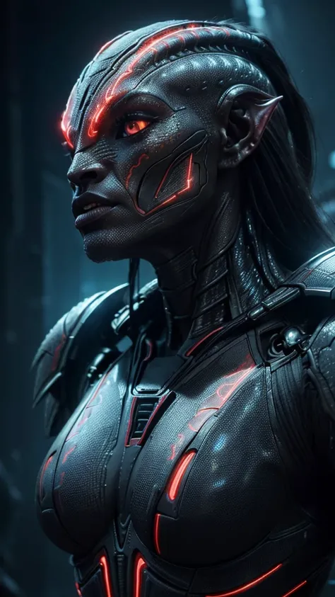 a stunning and sexy female predator yautja, extremely detailed 8k resolution, highly detailed face and features, beautiful detailed eyes, beautiful detailed lips, extremely detailed face, long eyelashes, intricate futuristic alien armor, glowing cybernetic...