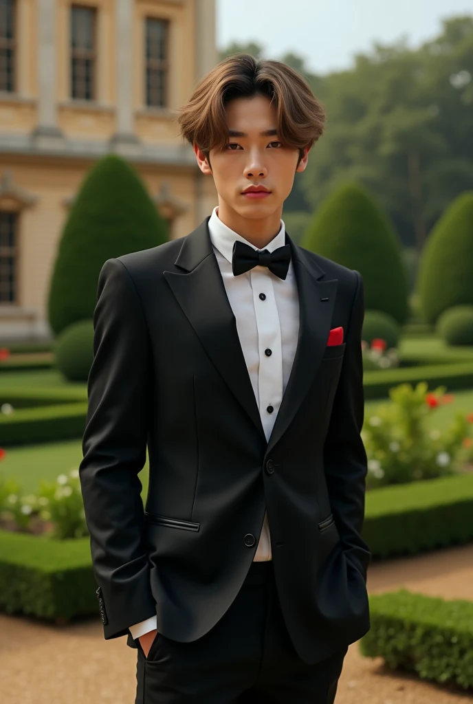 Kim Taehyung eyebrow piercing dressed in a black tuxedo, medium length light brown hair in front of a garden at the Royal Palace of England 